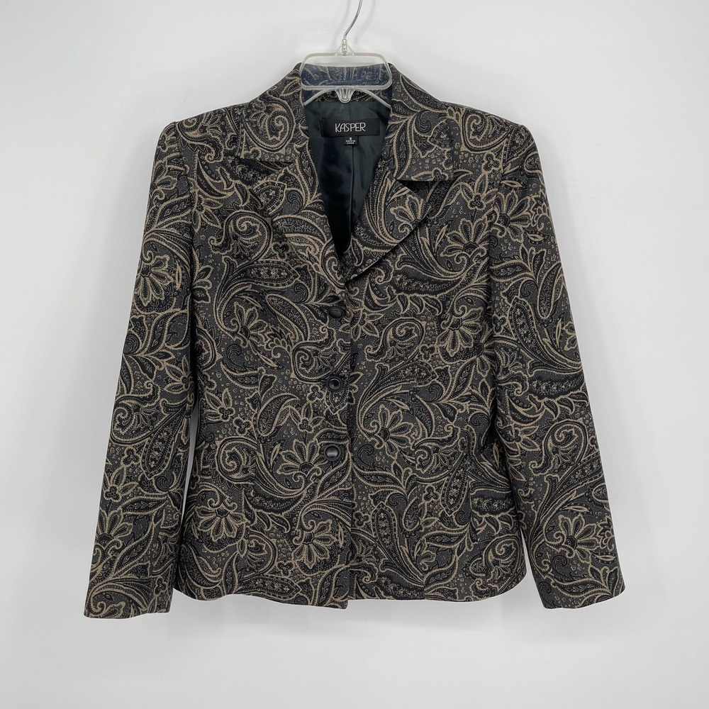 Kasper Women's Black Paisley Jacquard Button Front Blazer Size 8